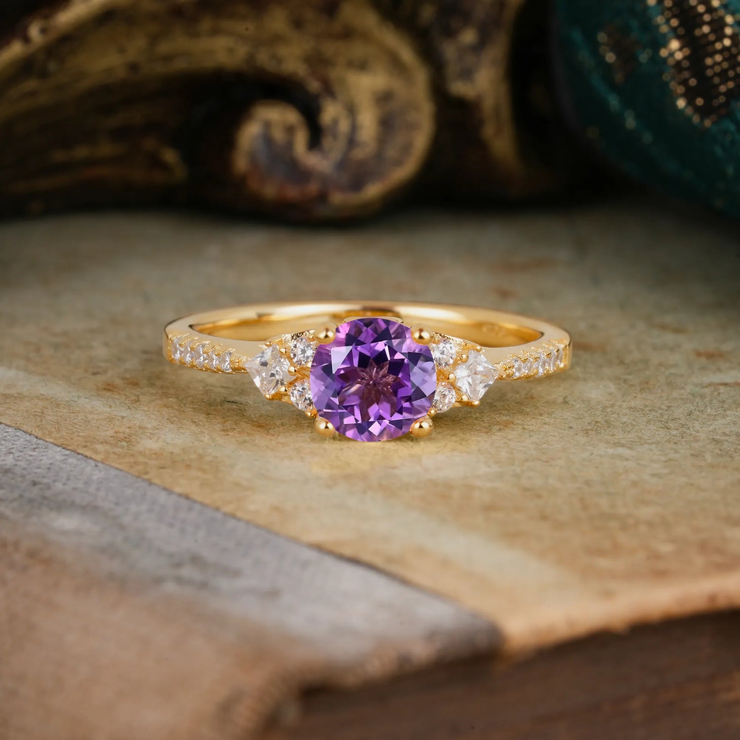 Round Cut Amethyst Classic Side Stone Engagement Ring