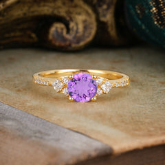 Round Cut Amethyst Classic Side Stone Wedding Engagement Ring
