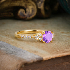 Round Cut Amethyst Classic Side Stone Wedding Engagement Ring