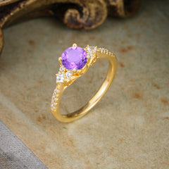 Round Cut Amethyst Classic Side Stone Wedding Engagement Ring