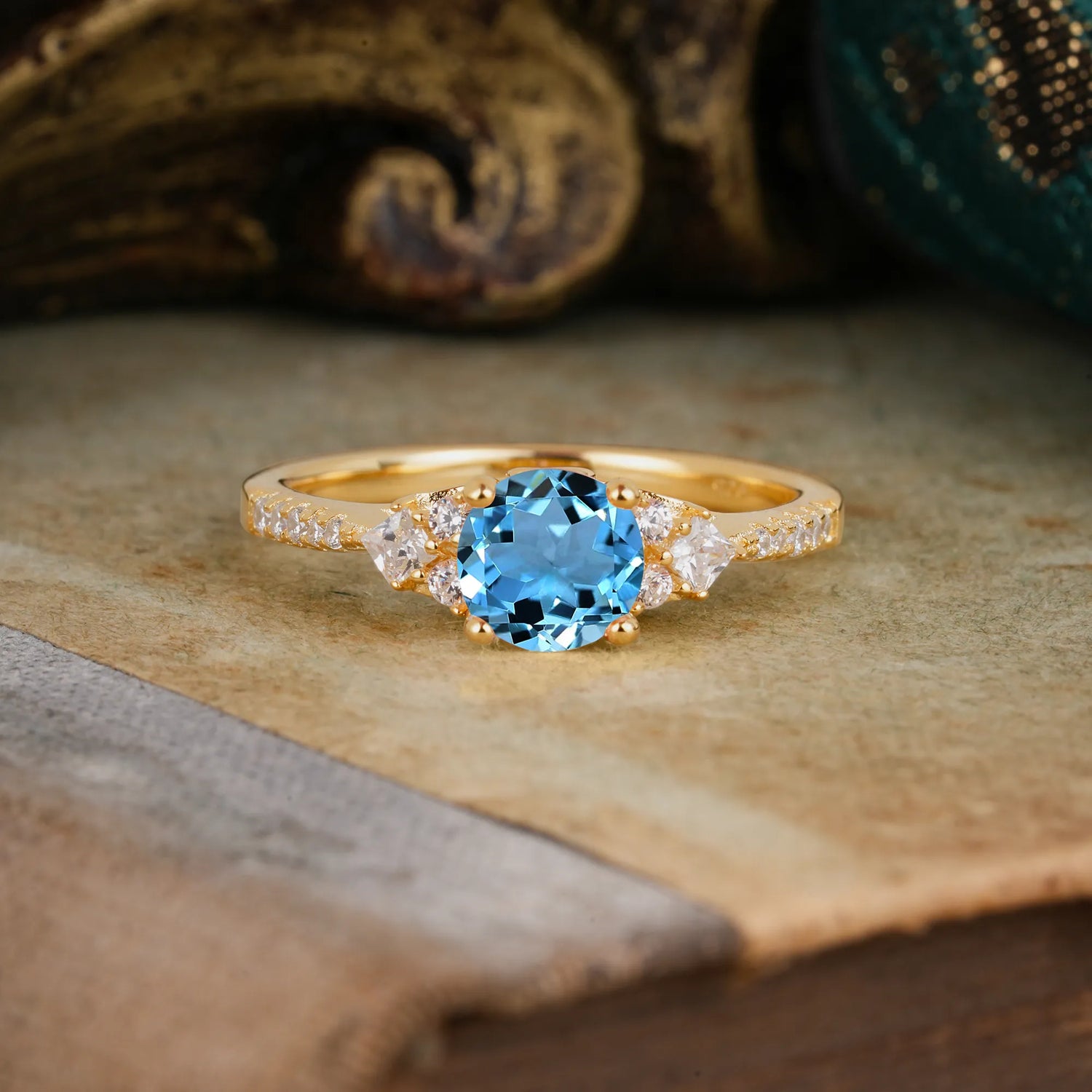 Round Cut Aquamarine Classic Side Stone Engagement Ring