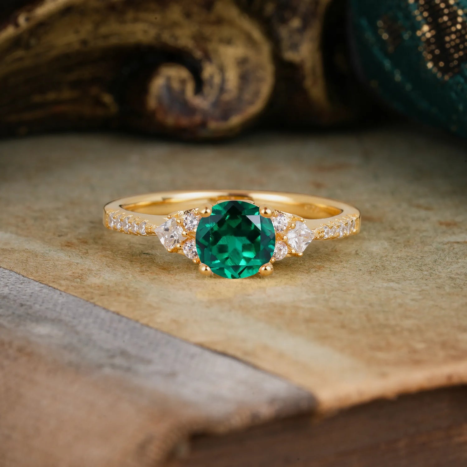 Round Cut Emerald Classic Side Stone Engagement Ring