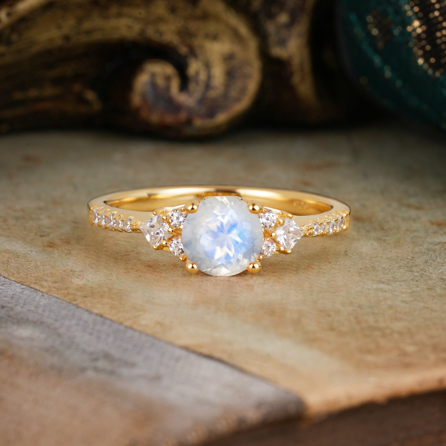 Round Cut Moonstone Classic Side Stone Engagement Ring