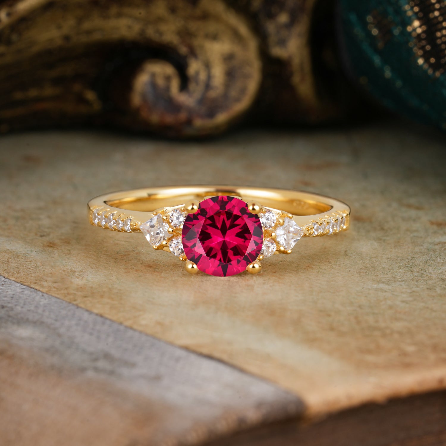 Round Cut Ruby Classic Side Stone Engagement Ring