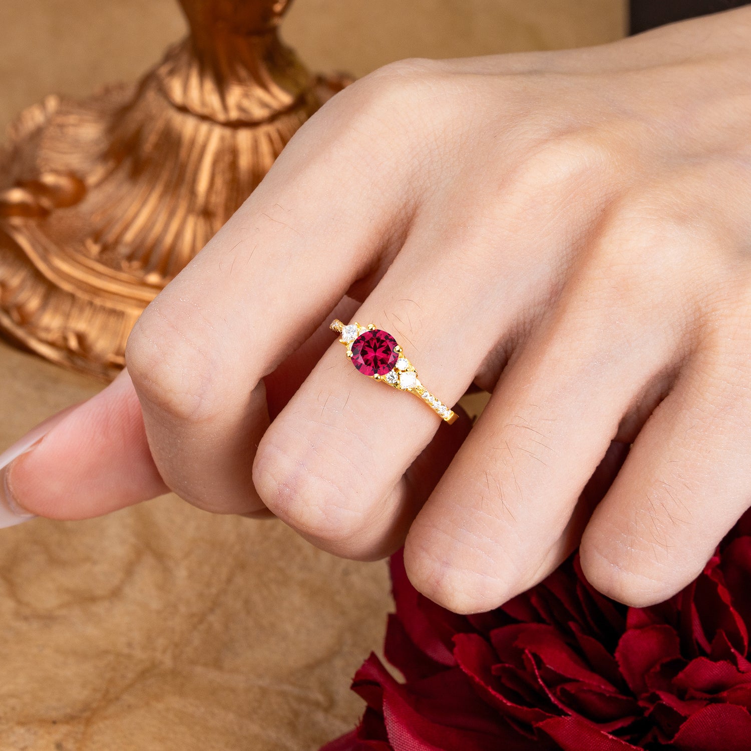 Round Cut Ruby Classic Side Stone Engagement Ring