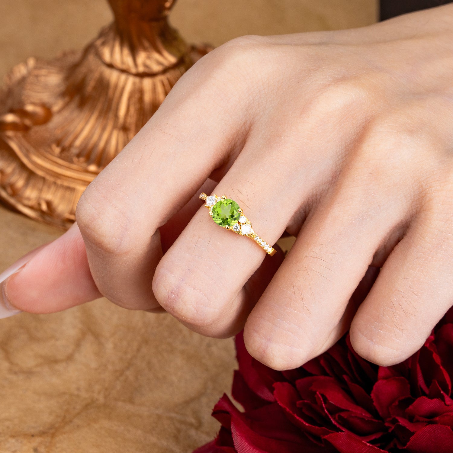 Round Cut Peridot Classic Side Stone Engagement Ring