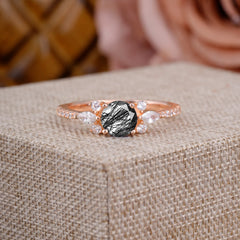 Round Cut Black Rutilated Quartz Cluster Engagement Ring 6-Prong Setting