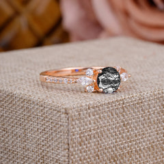 Round Cut Black Rutilated Quartz Cluster Engagement Ring 6-Prong Setting