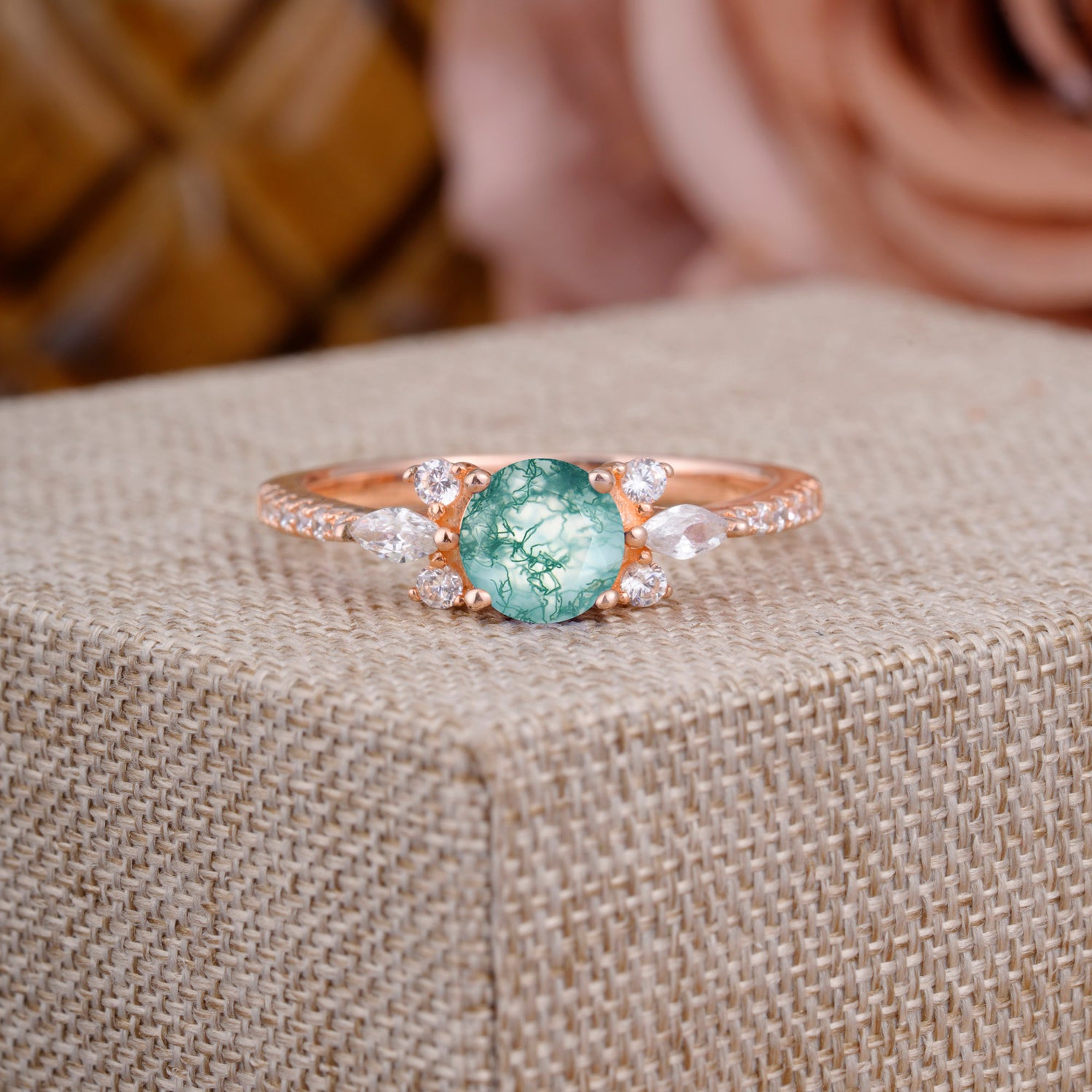 Round Cut Moss Agate Cluster Engagement Ring Six Prong Setting