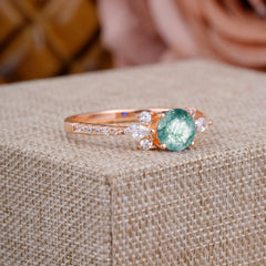 Round Cut Moss Agate Cluster Engagement Ring Six Prong Setting