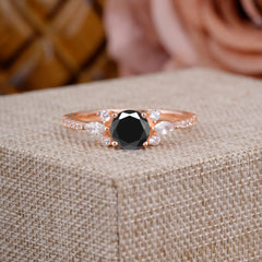 Round Cut Black Onyx Cluster Engagement Ring 6-Prong Setting
