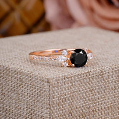 Round Cut Black Onyx Cluster Engagement Ring 6-Prong Setting