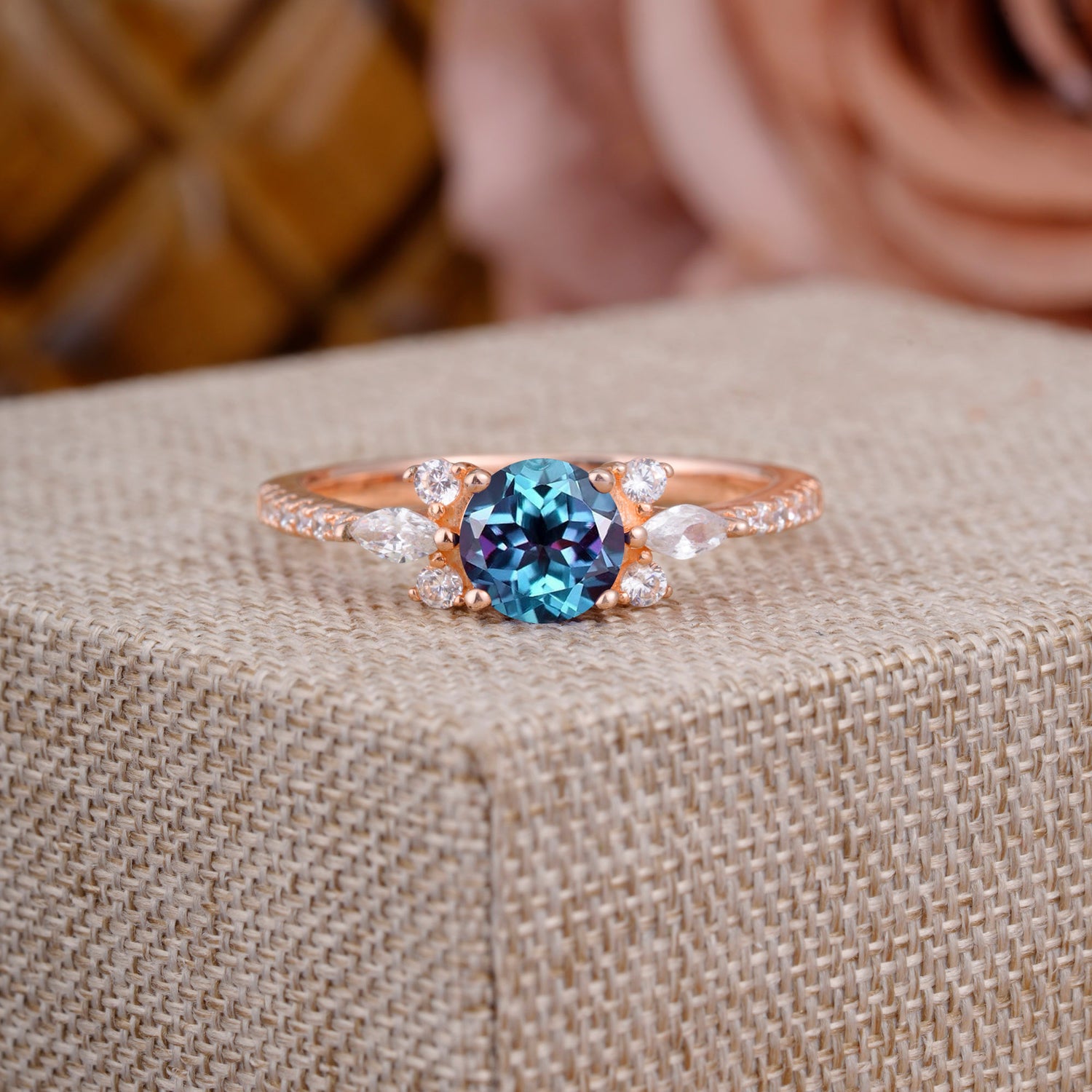 Round Cut Alexandrite Cluster Engagement Ring Six Prong Setting