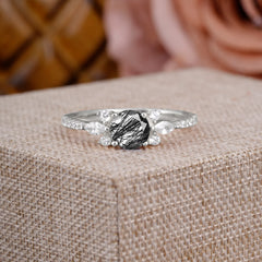 Round Cut Black Rutilated Quartz Cluster Engagement Ring 6-Prong Setting