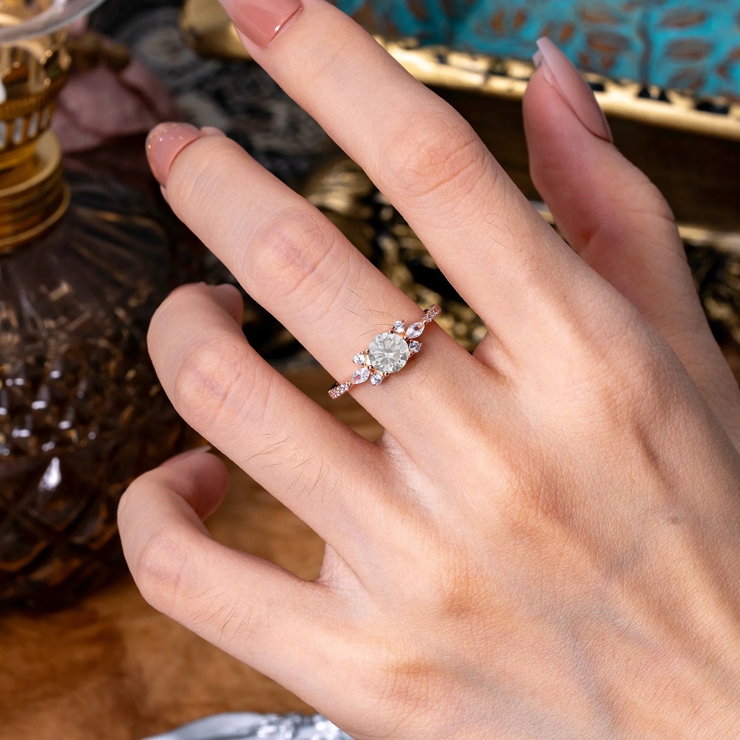 Round Cut Moissanite Cluster Engagement Ring Six Prong Setting