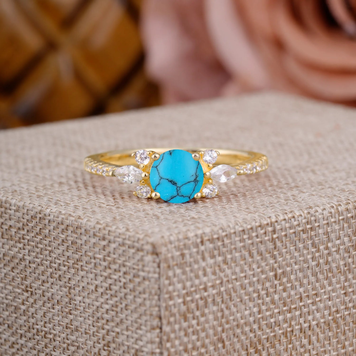 Round Cut Turquoise Cluster Engagement Ring 6-Prong Setting