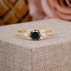 Round Cut Black Onyx Cluster Engagement Ring 6-Prong Setting