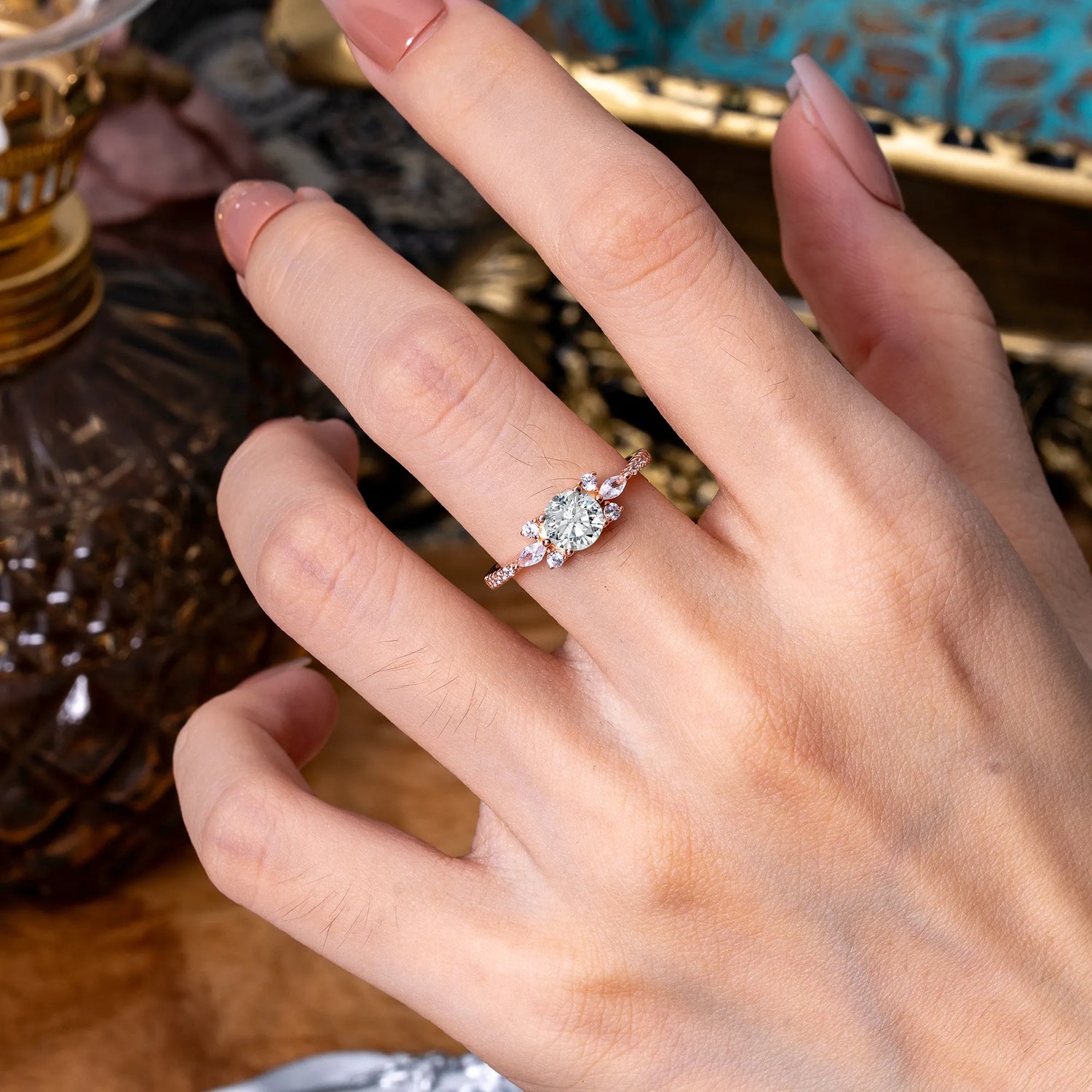 Round Cut Lab Diamond Cluster Engagement Ring 6-Prong Setting