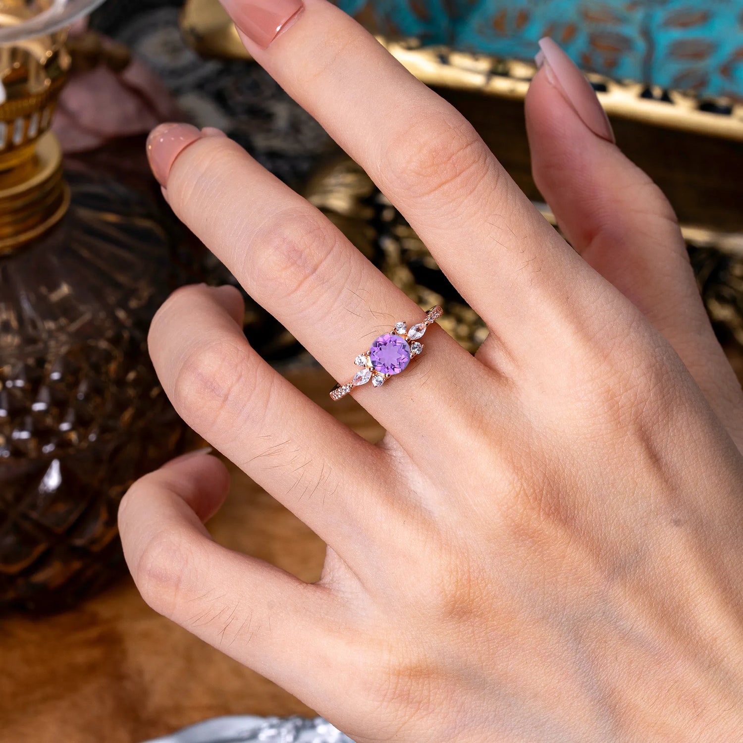 Round Cut Amethyst Cluster Engagement Ring 6-Prong Setting