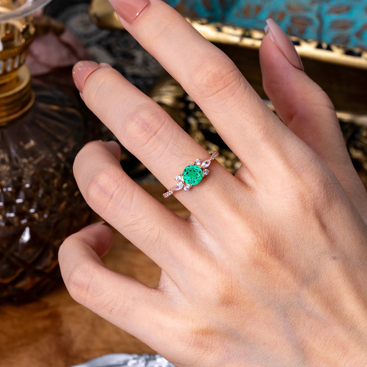 Round Cut Emerald Cluster Engagement Ring 6-Prong Setting