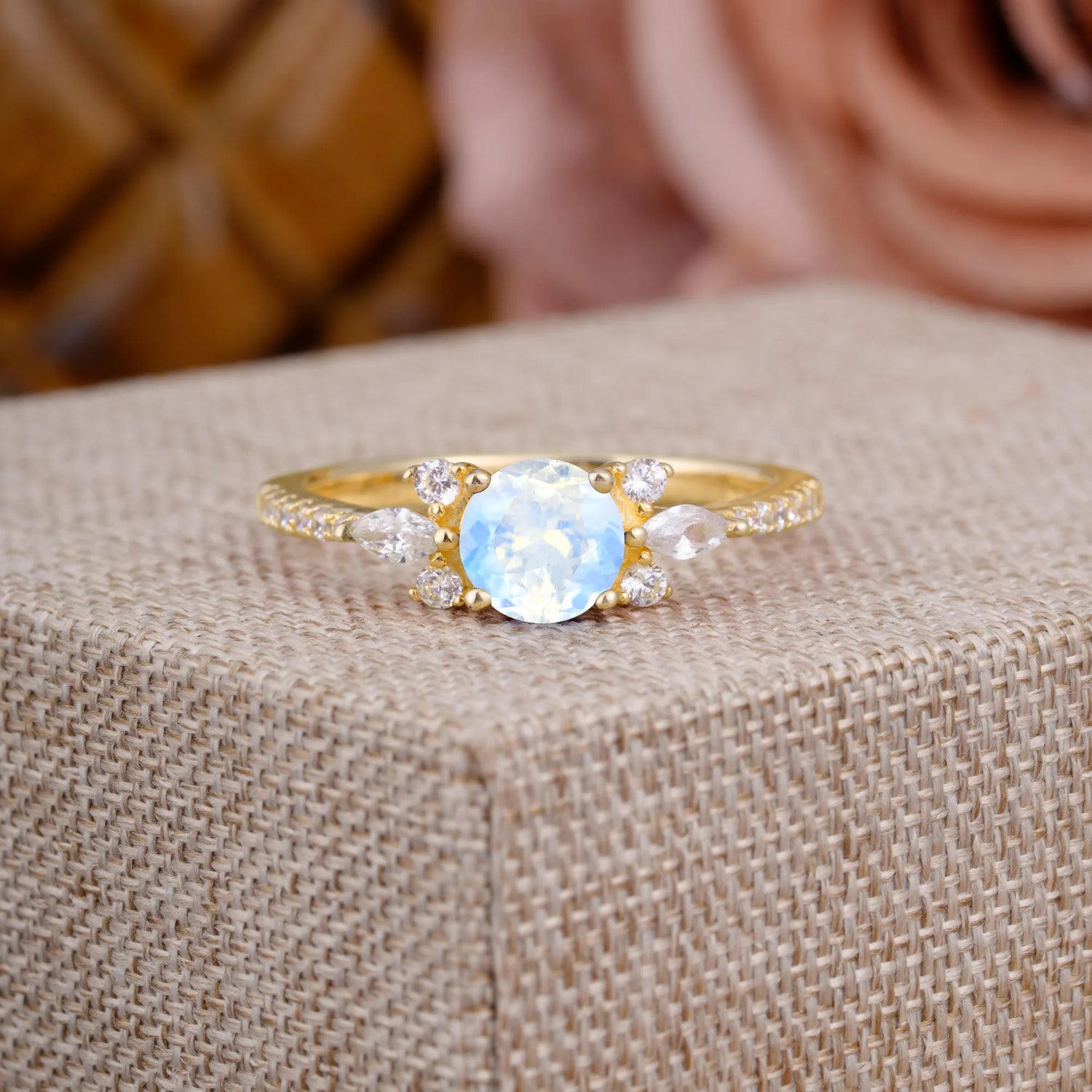 Round Cut Moonstone Cluster Engagement Ring 6-Prong Setting