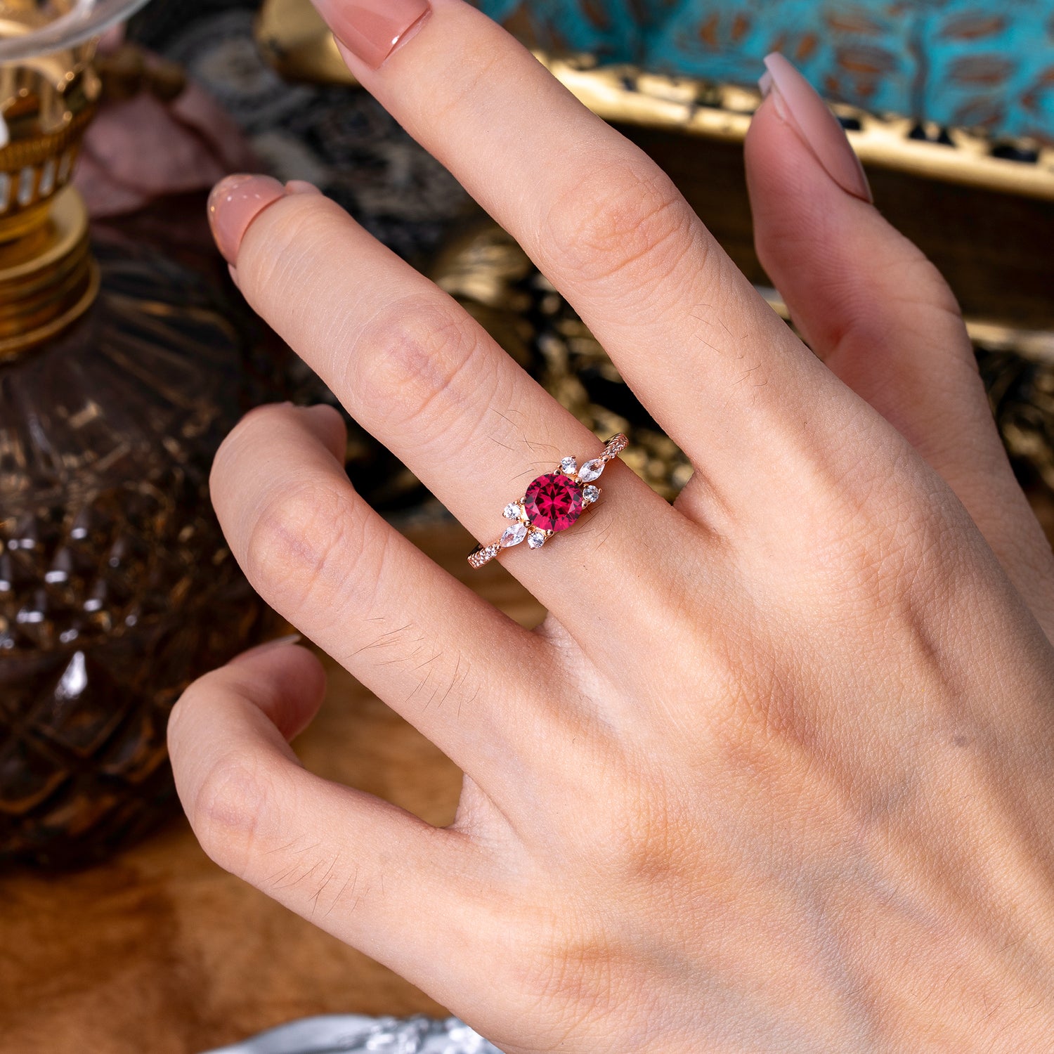 Round Cut Ruby Cluster Engagement Ring Six Prong Setting