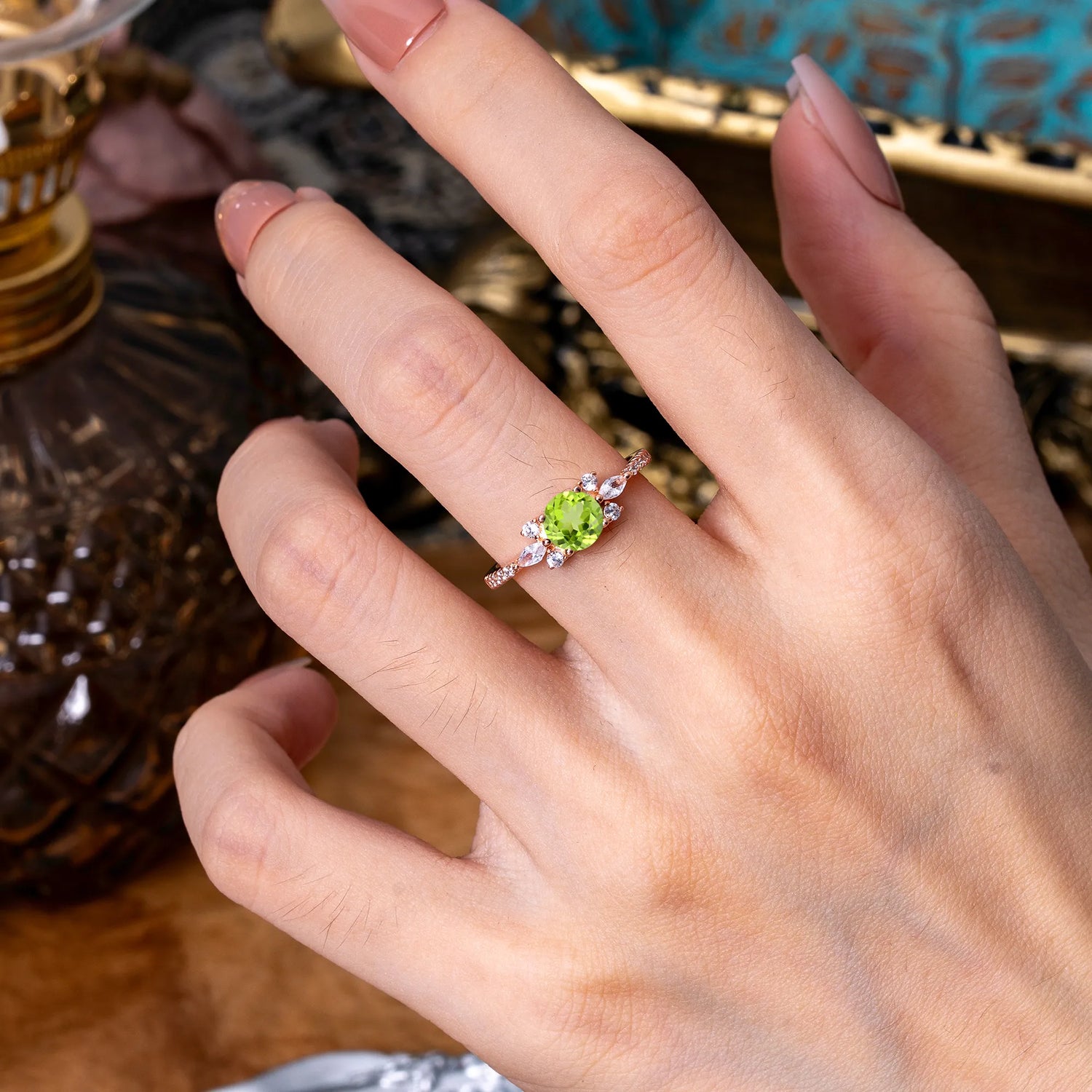 Round Cut Peridot Cluster Engagement Ring 6-Prong Setting