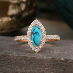 6 Prong Classic Marquise Cut Turquoise Halo Engagement Ring