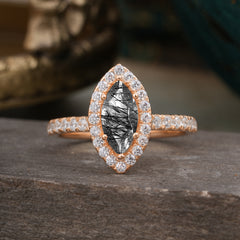 6 Prong Classic Marquise Cut Black Rutilated Quartz Halo Engagement Ring