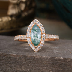 Classic Marquise Cut Moss Agate Halo Engagement Ring