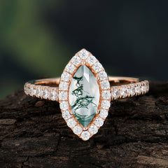 Classic Marquise Cut Moss Agate Halo Engagement Ring