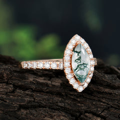 Classic Marquise Cut Moss Agate Halo Engagement Ring