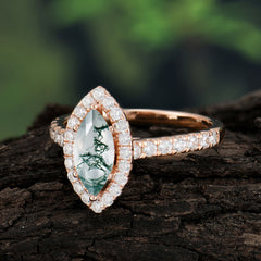 Classic Marquise Cut Moss Agate Halo Engagement Ring