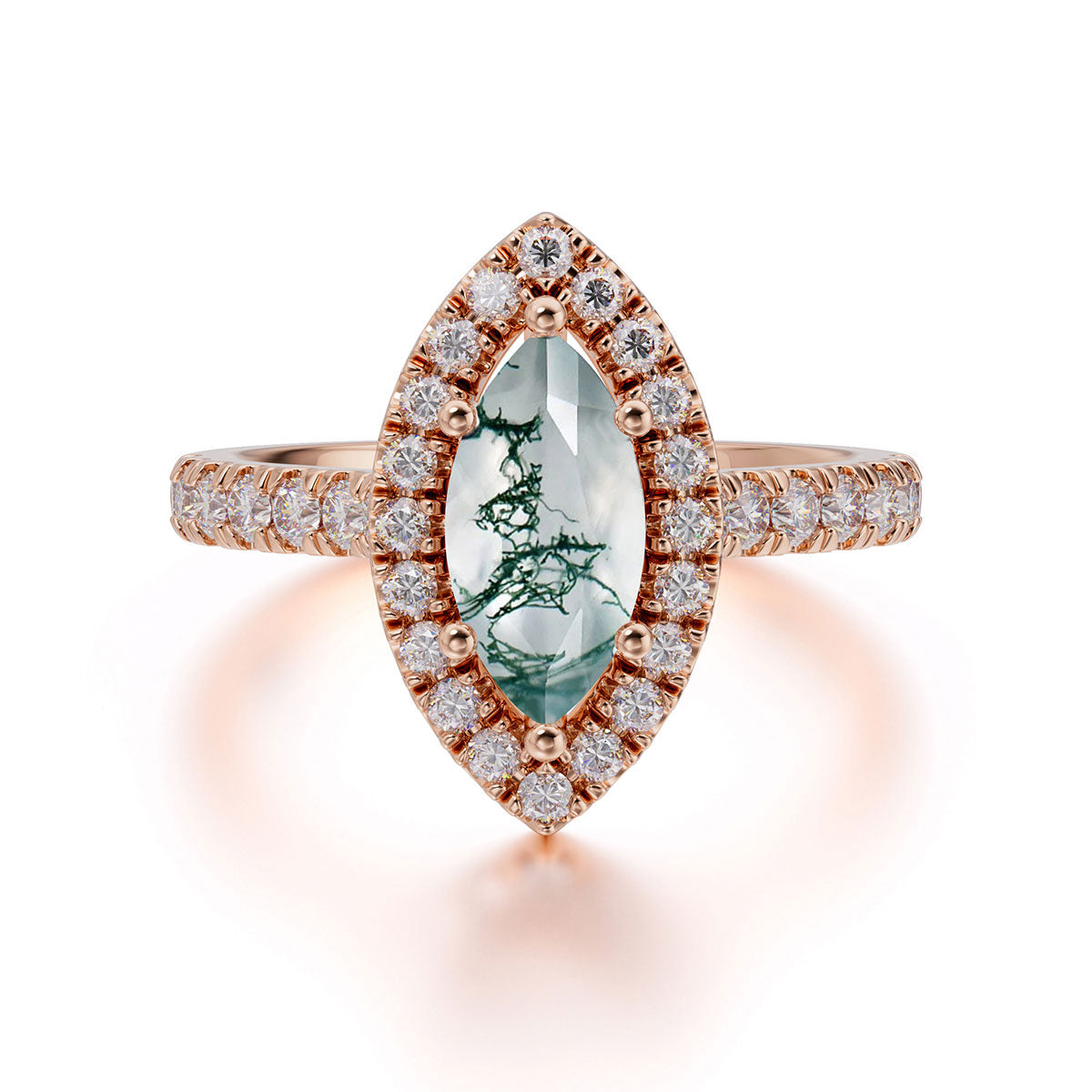 Classic Marquise Cut Moss Agate Halo Engagement Ring