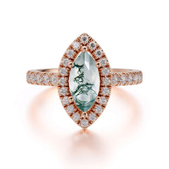 Classic Marquise Cut Moss Agate Halo Engagement Ring