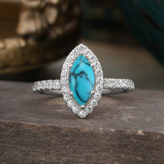 6 Prong Classic Marquise Cut Turquoise Halo Engagement Ring