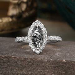 6 Prong Classic Marquise Cut Black Rutilated Quartz Halo Engagement Ring