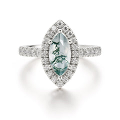 Classic Marquise Cut Moss Agate Halo Engagement Ring