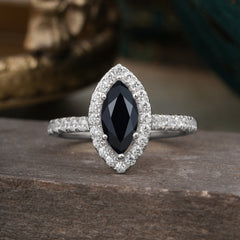 Classic Marquise Cut Black Onyx Halo Engagement Ring