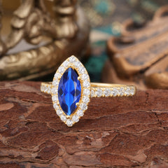 6 Prong Classic Marquise Cut Sapphire Halo Engagement Ring