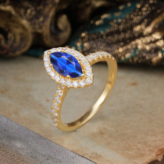 6 Prong Classic Marquise Cut Sapphire Halo Engagement Ring