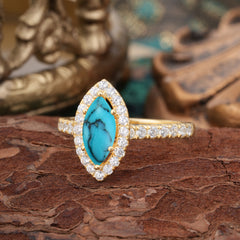 6 Prong Classic Marquise Cut Turquoise Halo Engagement Ring