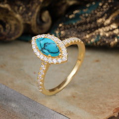 6 Prong Classic Marquise Cut Turquoise Halo Engagement Ring
