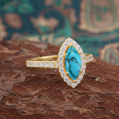 6 Prong Classic Marquise Cut Turquoise Halo Engagement Ring