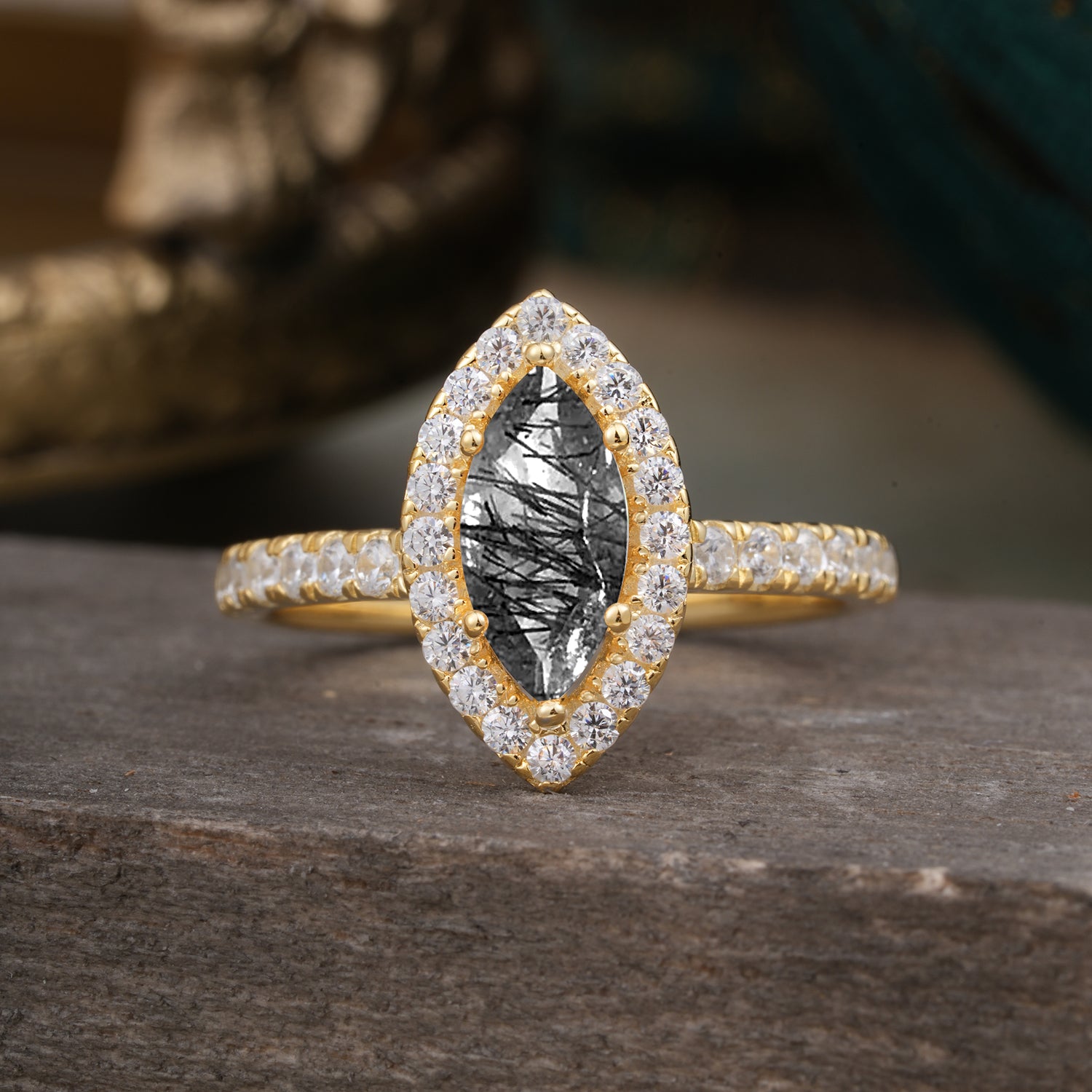 6 Prong Classic Marquise Cut Black Rutilated Quartz Halo Engagement Ring