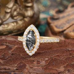 6 Prong Classic Marquise Cut Black Rutilated Quartz Halo Engagement Ring