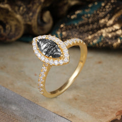 6 Prong Classic Marquise Cut Black Rutilated Quartz Halo Engagement Ring