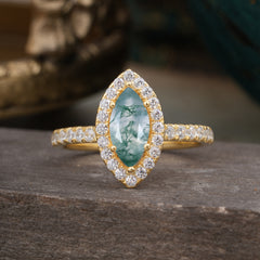 Classic Marquise Cut Moss Agate Halo Engagement Ring