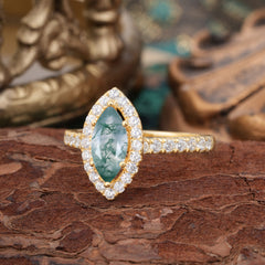 Classic Marquise Cut Moss Agate Halo Engagement Ring