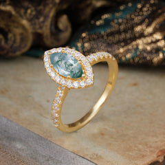 Classic Marquise Cut Moss Agate Halo Engagement Ring